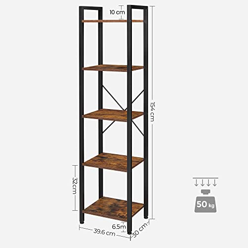 Bogreol med 5 hylder, stålramme, industrielt design, rustik brun/sort