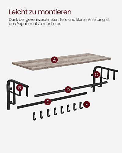 Vægmonteret knagerække med hattehylde til entré, D30xB66xH27cm, greige og sort