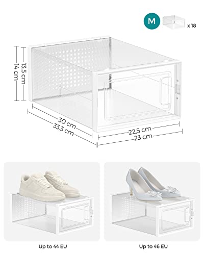 Skokasser, Pakke med 18 Stablebare Skoopbevaringskasser, Foldbare og Alsidige til Sneakers, Passer op til Str. 45 (UK 10,5), Gennemsigtige og Hvide