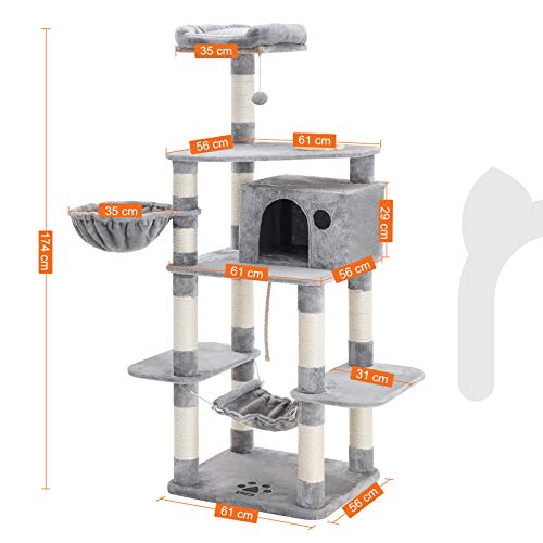 Robust kattetræ med foderskål, katte condos med Sisal polakker, hængekøje og hule, polstret platform, klatretræ til katte, 174 cm, ekstra stort - Lammeuld.dk