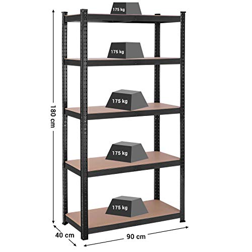 2 x stålreoler med 875 kg kapacitet, 40 x 90 x 180 cm, sort