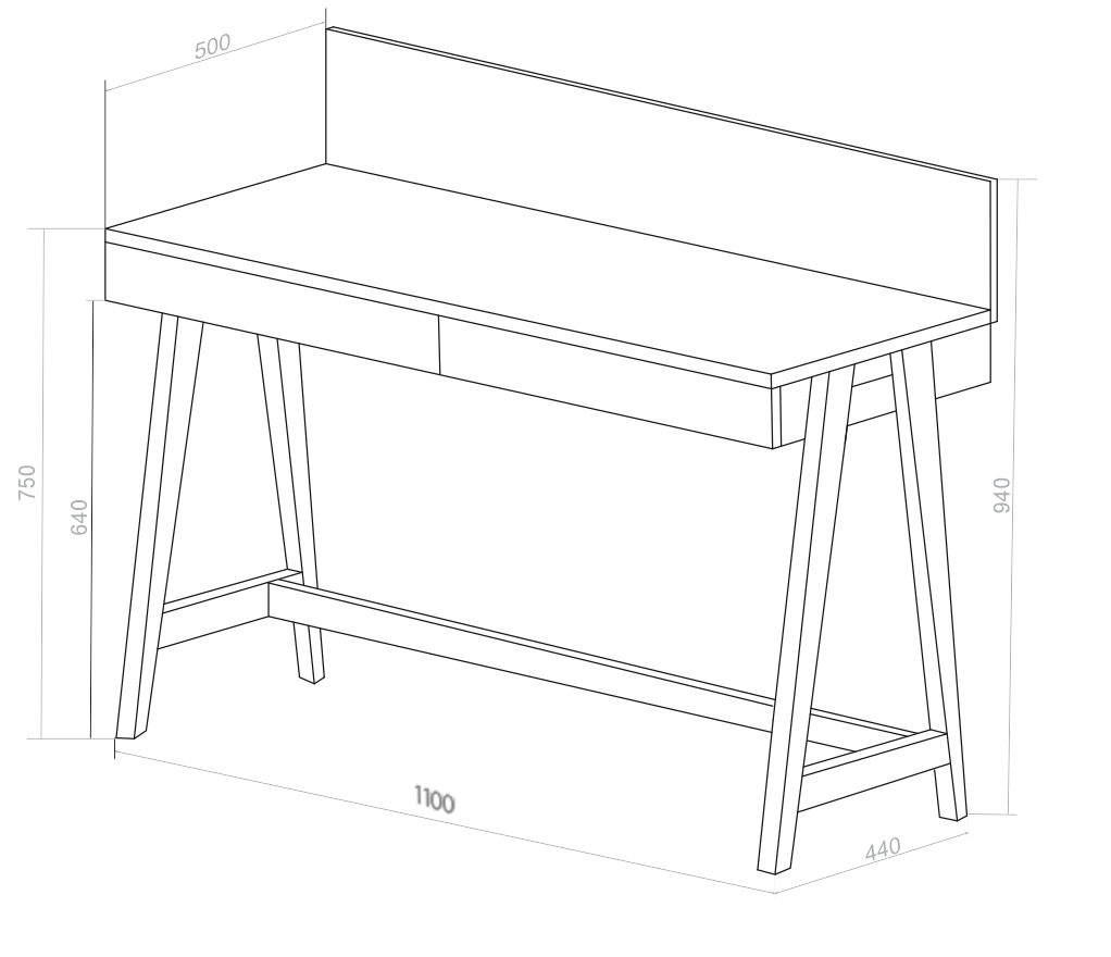 LUKA Asketræ Skrivebord 110x50cm med Skuffe Salviegrøn