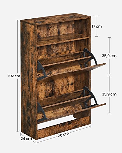 Skoskab med 2 Flapper, Skohylde med en Åben Hylde, Melaminfinér, Nem at Rengøre, 60 x 24 x 102 cm, Rustik Brun