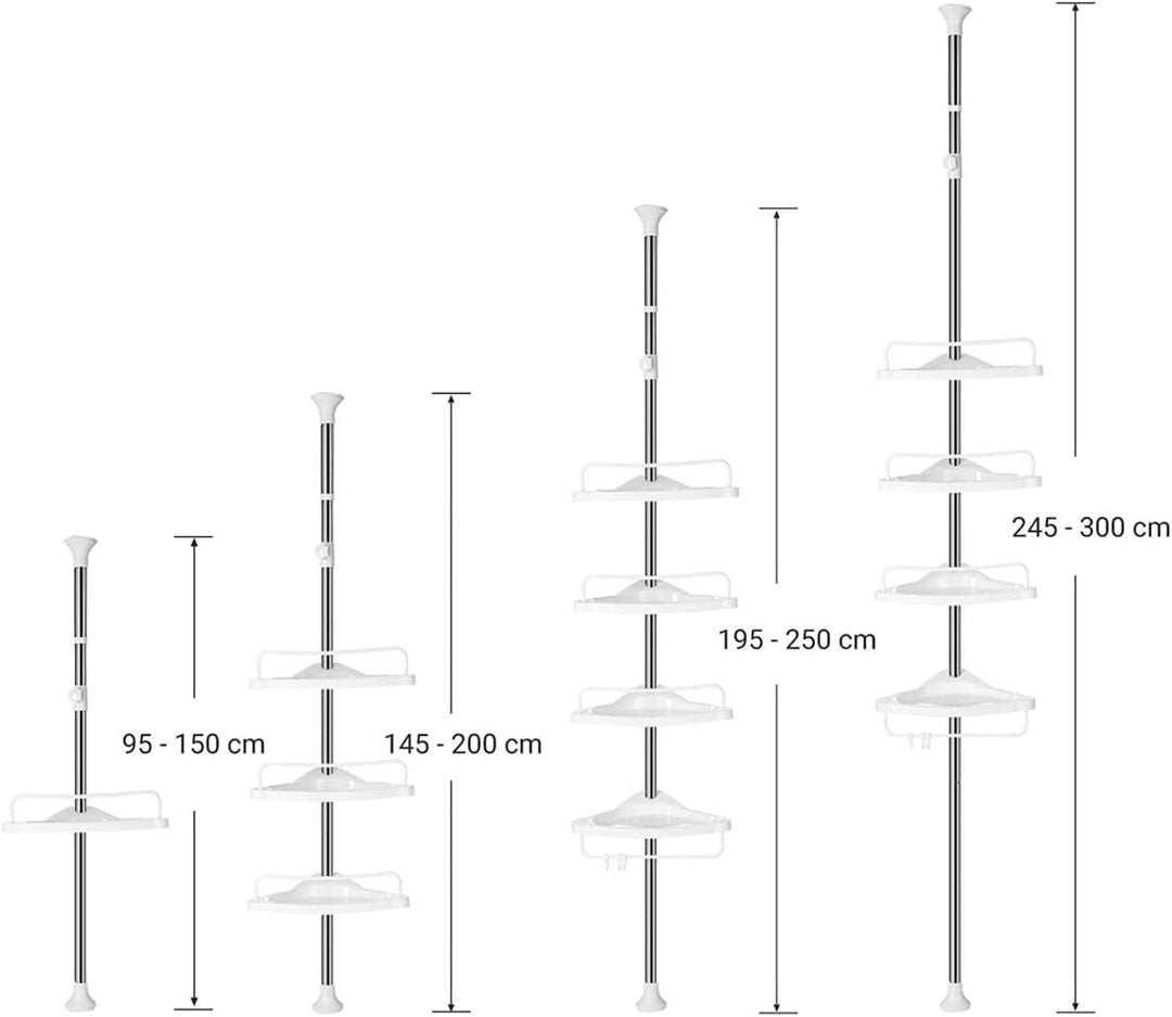 Hjørnereol med 4 hylder og stang til badeværelset