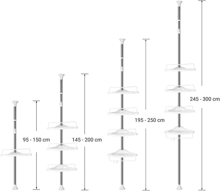 Hjørnereol med 4 hylder og stang til badeværelset