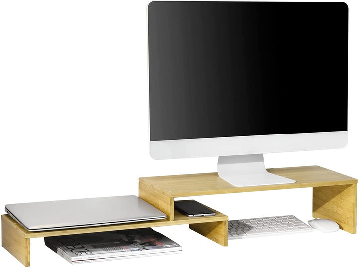 Justerbar skærmstativer til 2 computerskærme, bambustræ, naturfarvet