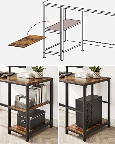 Skrivebord / computerbord med 2 hylder, 90x50 cm, stålramme, rustikt brun/sort