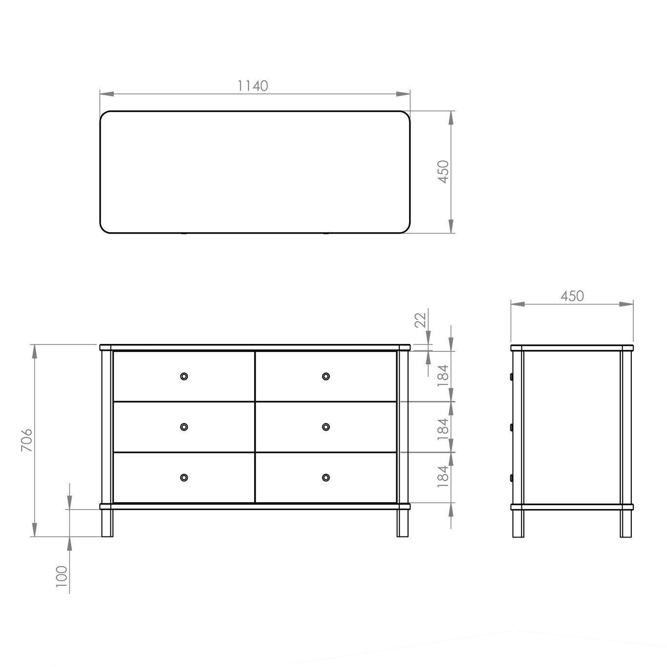 ASHME Small Boy 6 Skuffe 114cm Dobbelt Kommode Beton Grå