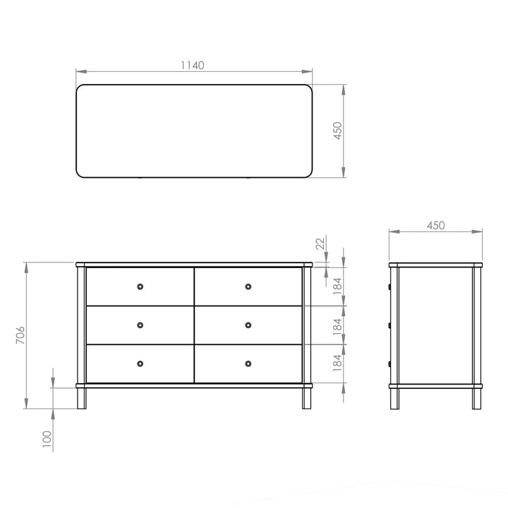 ASHME Small Boy 6 Skuffe 114cm Dobbelt Kommode Beton Grå