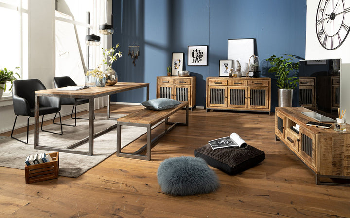 Entrébænk i mangotræ, 120x46x45cm, vintage-stil