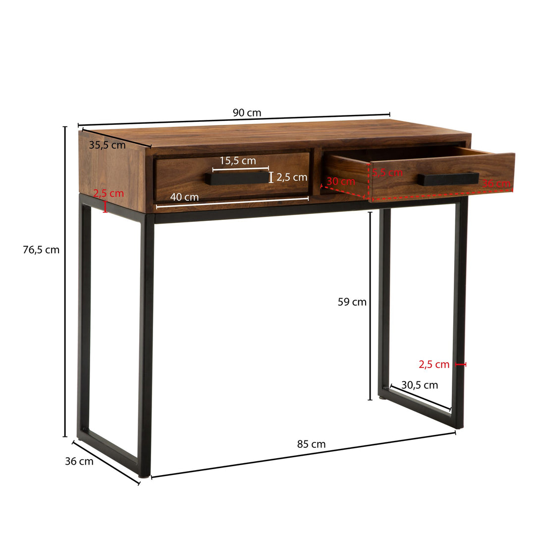 Konsolbord i massivt træ / metal, 90x76x36 cm, brun