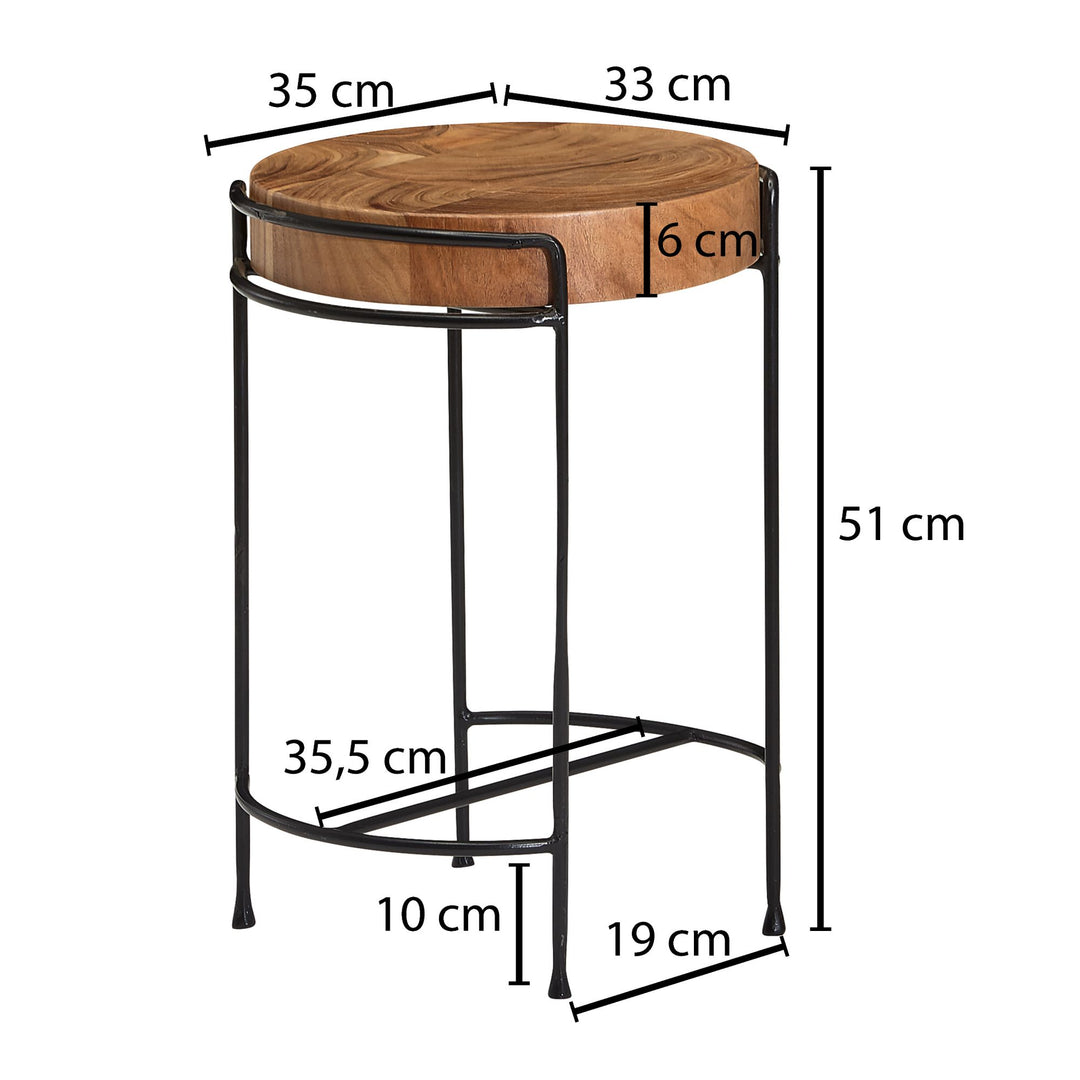 Designer sidebord i japandi stil, massivt akacietræ, smukke metalben, 35x51x35 cm, brun