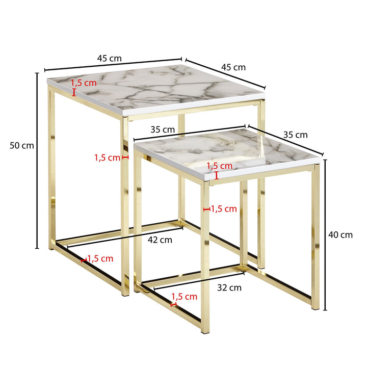 Indskudsborde i hvid marmor look | metal guld