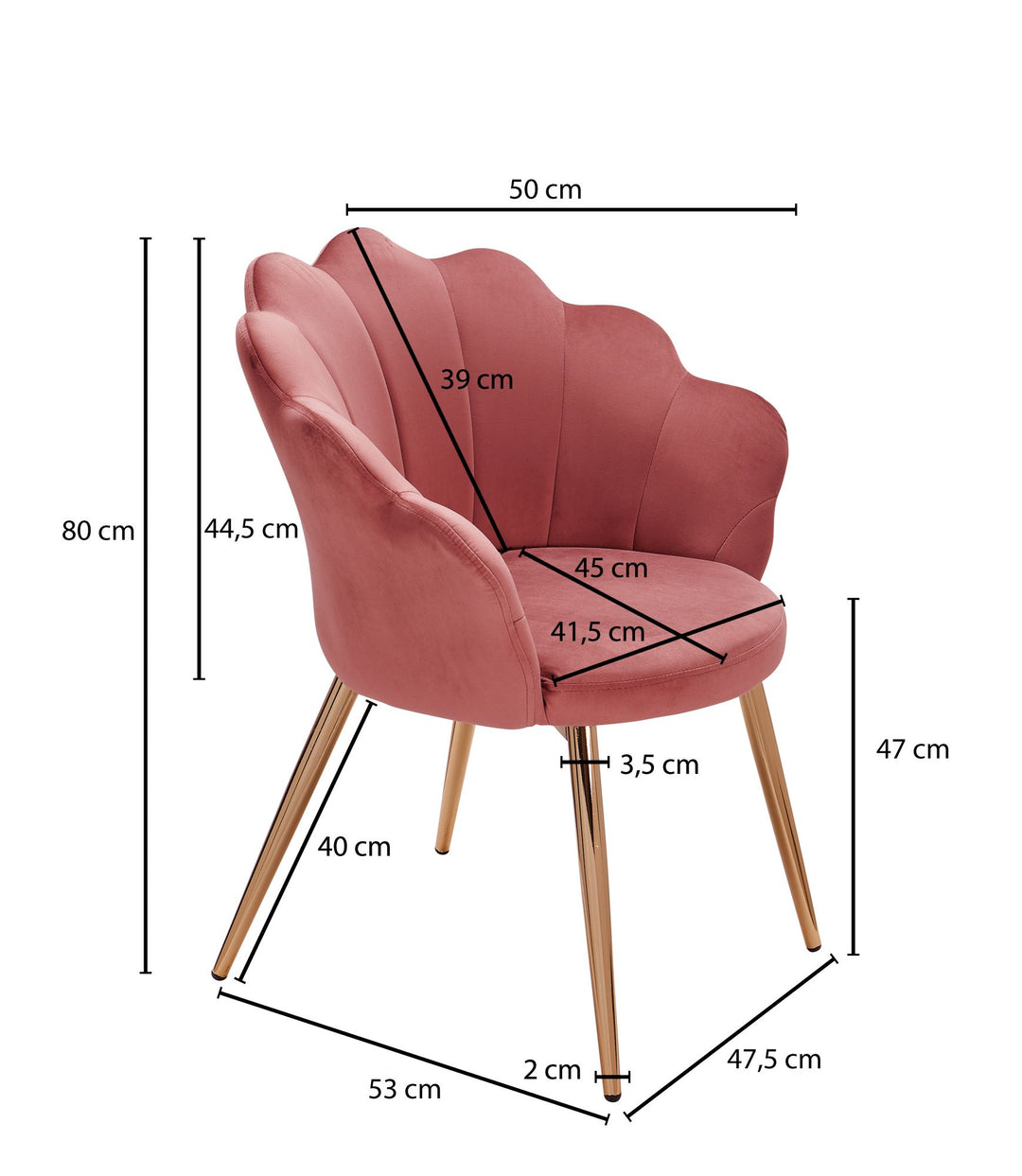 Elegant og stilfuld spisestuestol i velvet med guldben og tulipanryg, pink og guldfarvet