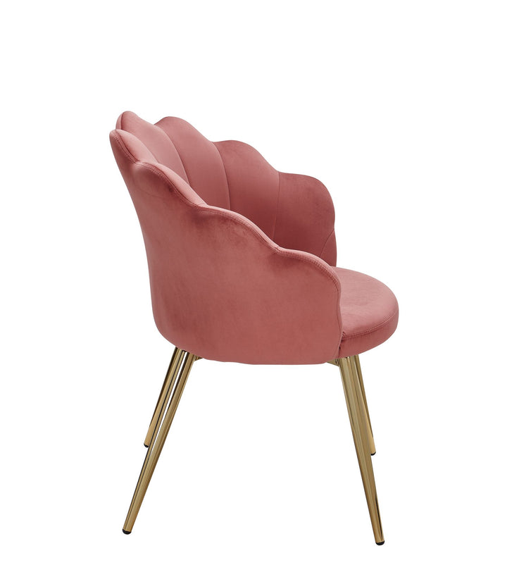 Elegant og stilfuld spisestuestol i velvet med guldben og tulipanryg, pink og guldfarvet