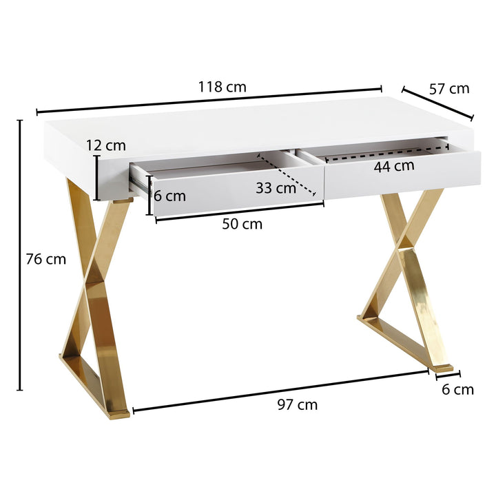 Designer skrivebord i hvid højglans med guldfarvet ben, 118x76x57 cm