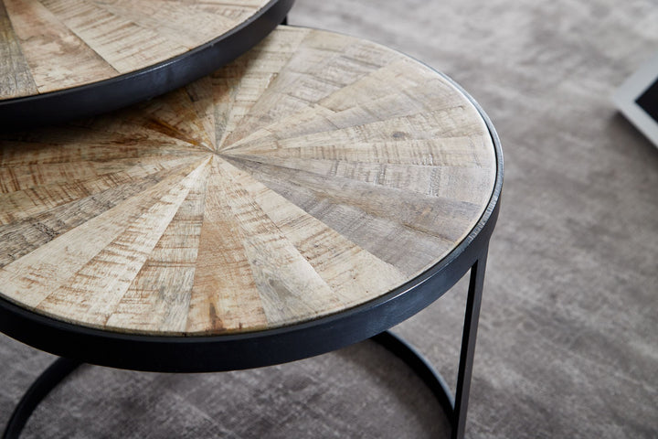 Design sofabord sæt med 2 Mango massivt træ indlejringsborde runde | Sofabord med metalben brun | Dækkeserviet 2-delt redebord træ / metal sort