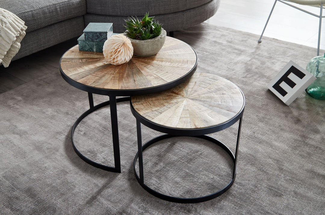 Design sofabord sæt med 2 Mango massivt træ indlejringsborde runde | Sofabord med metalben brun | Dækkeserviet 2-delt redebord træ / metal sort