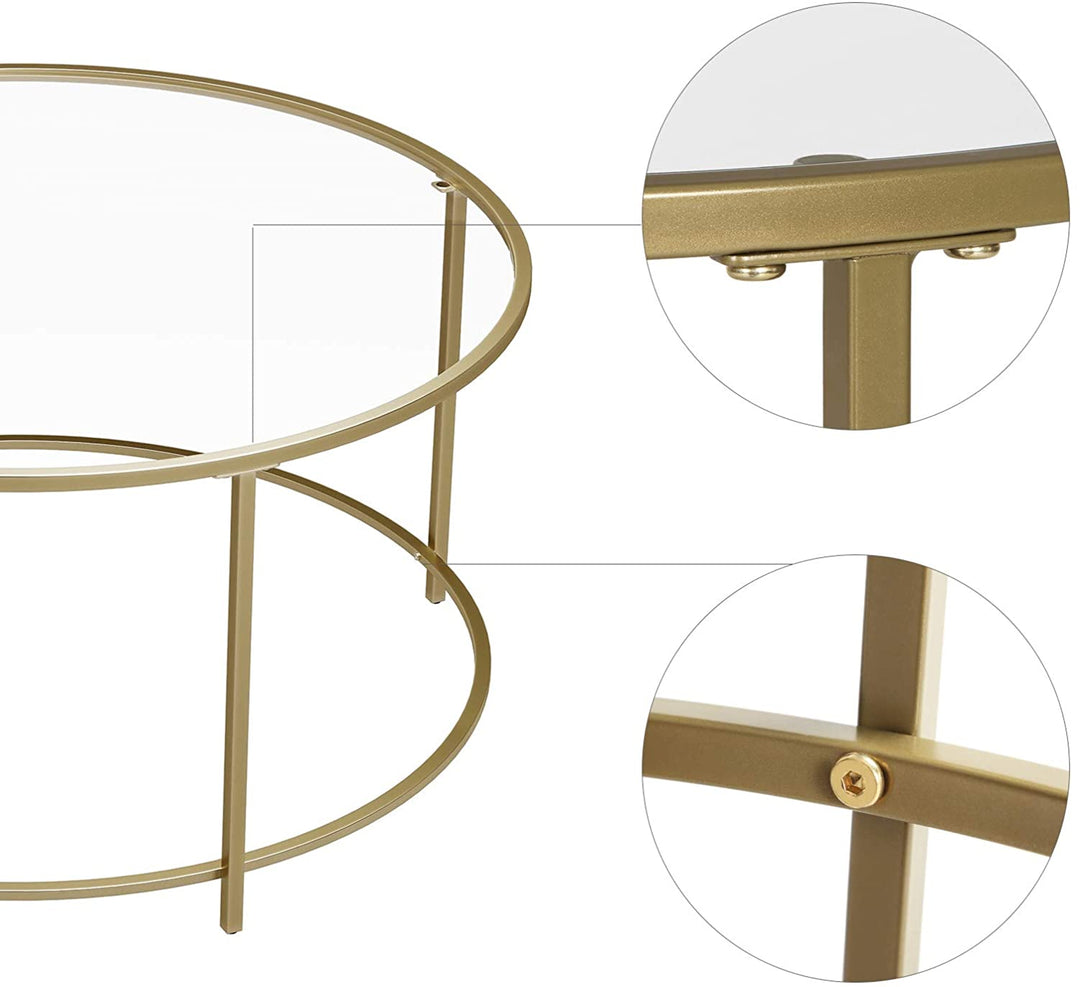 Rundt sofabord med glasplade og gylden jernramme - Lammeuld.dk