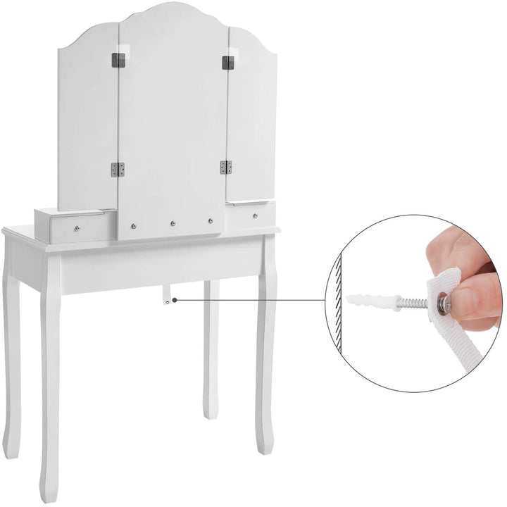 Sminkebord med udskæringer, skammel medfølger, hvid