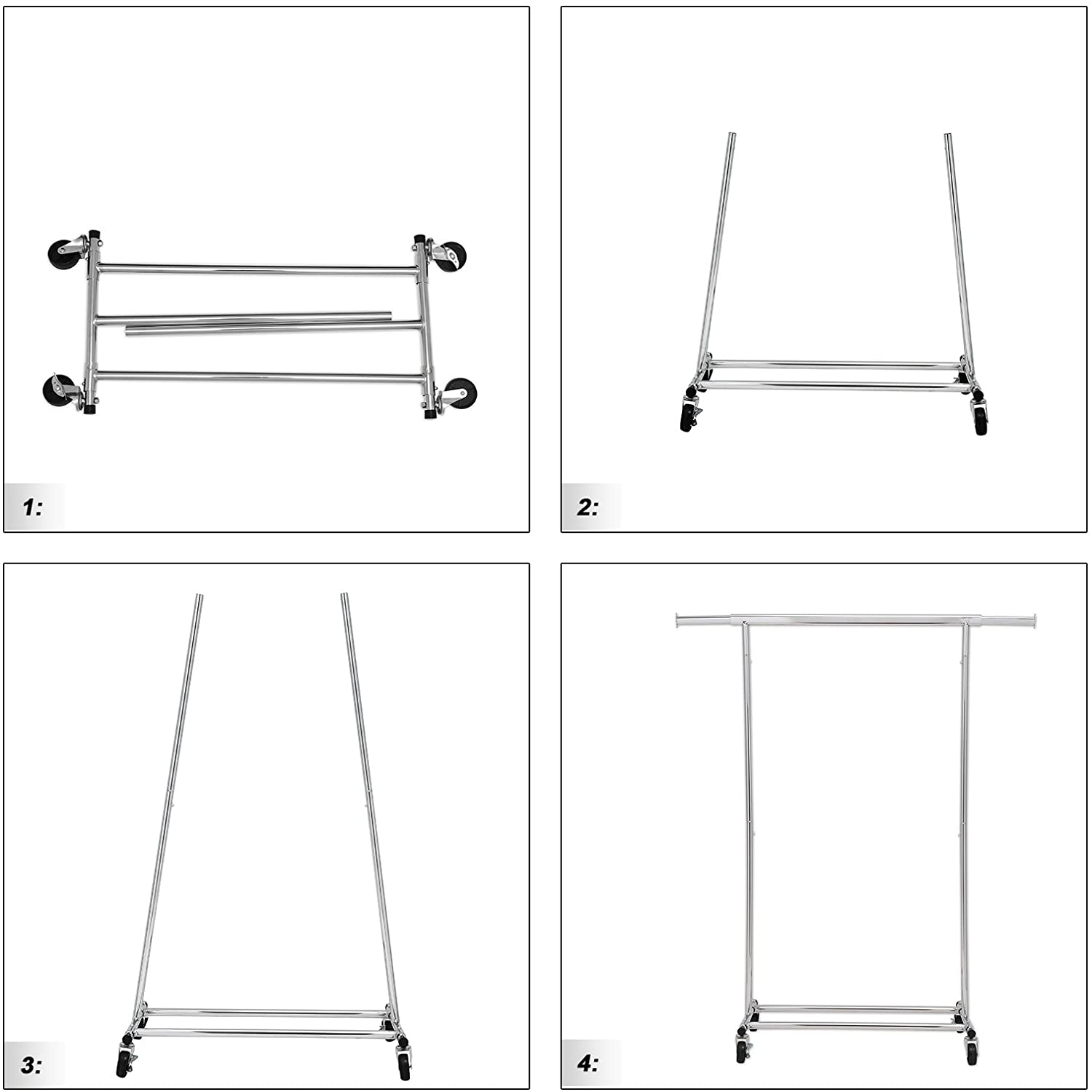 Kraftig tøjstativ i metal, belastbar op til 90 kg, kappestativ med hjul, sammenklappelig, længde 92-132 cm, forkromet, industriel - Lammeuld.dk