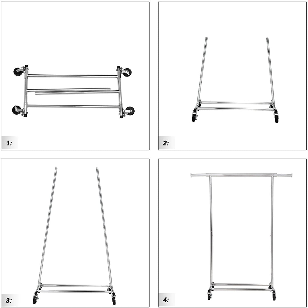 Kraftig tøjstativ i metal, belastbar op til 90 kg, kappestativ med hjul, sammenklappelig, længde 92-132 cm, forkromet, industriel - Lammeuld.dk