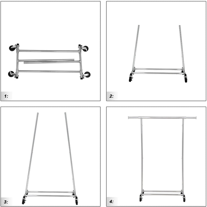 Kraftig tøjstativ i metal, belastbar op til 90 kg, kappestativ med hjul, sammenklappelig, længde 92-132 cm, forkromet, industriel - Lammeuld.dk