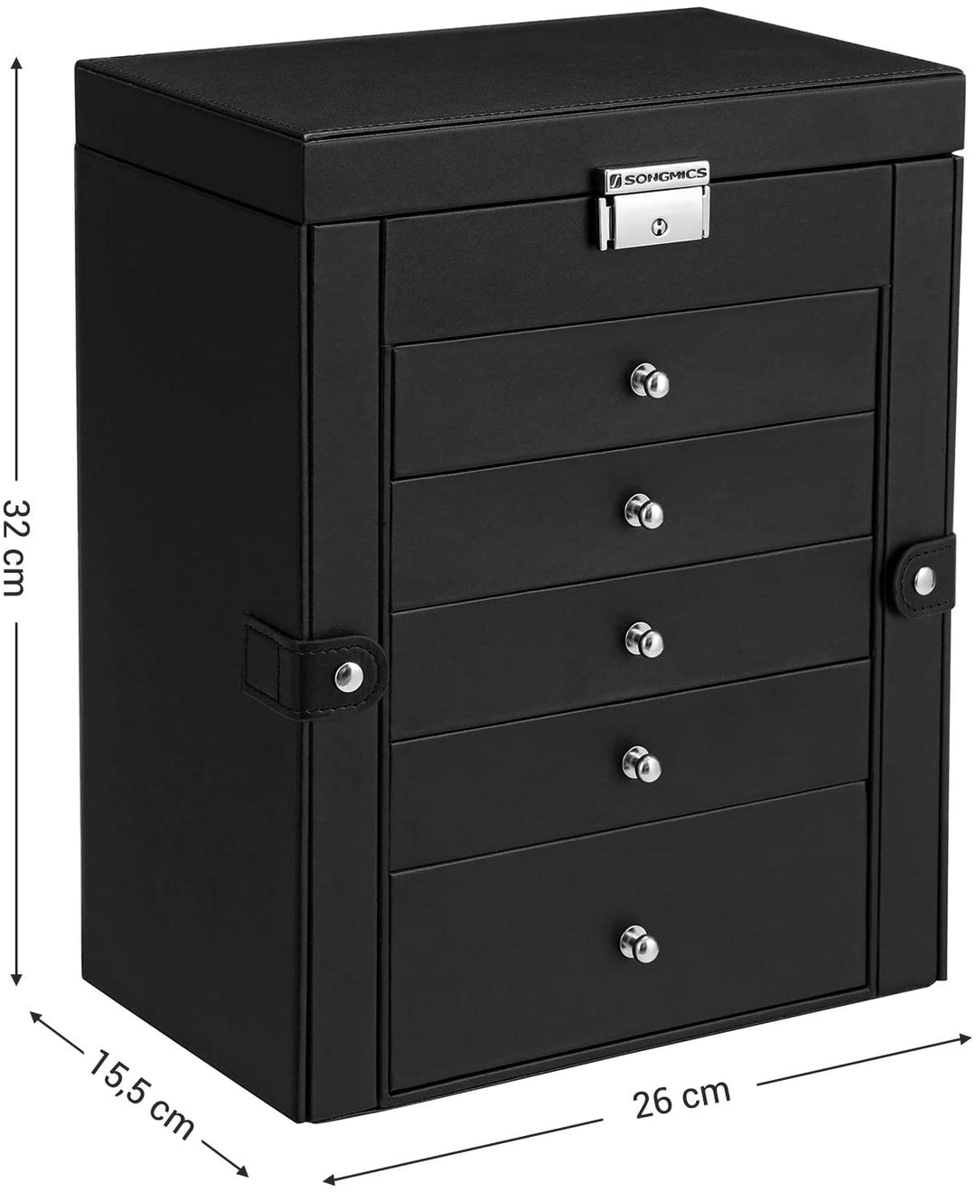 Smykkeskrin med 5 skuffer, spejl og lås, 26 x 15,5 x 32 cm, Sort