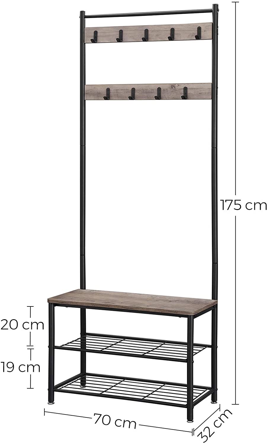 Garderobestativ i moderne look, 70 x 32 x 175 cm, greige og sort