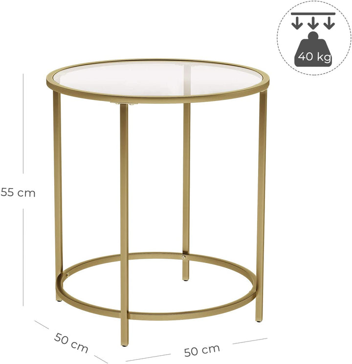 Rundt sidebord, hærdet glas og gylden metalramme - Lammeuld.dk