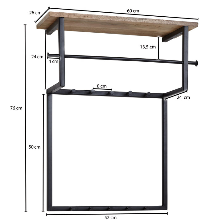 Designer knagerække med hattehylde, massivt træ og metal, 60x76x26 cm, naturfarvet