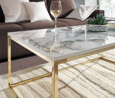 Sofabord i marmor-look, højglans, 100x60x40 cm, hvid og guldfarvet
