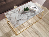 Sofabord i marmor-look, højglans, 100x60x40 cm, hvid og guldfarvet