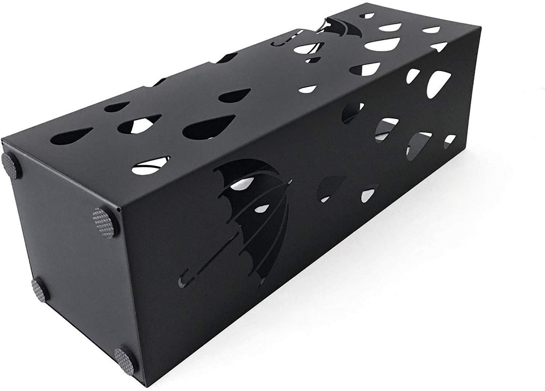 Paraplystativ i sort metal med grafiske udskæringer