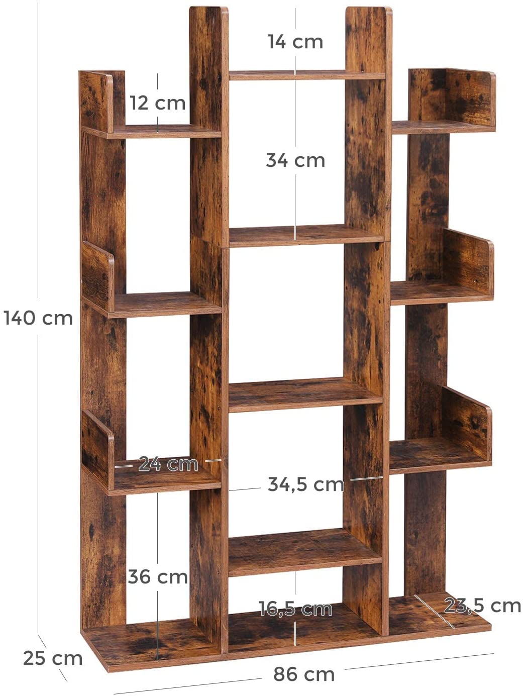 Dekorativ reol, rustikt look, 86 x 25 x 140 cm, brun