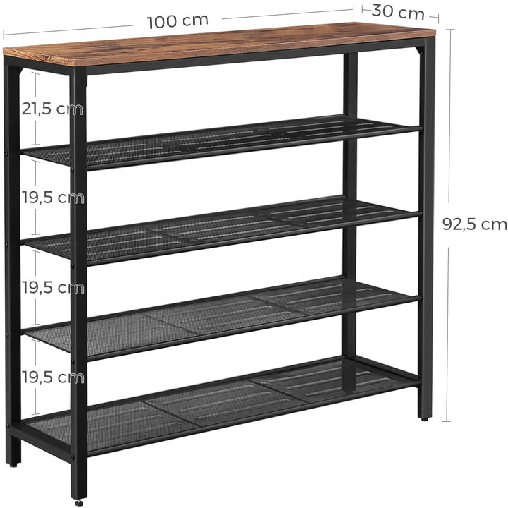4 lag skohylde i rustik brun med mål i cm
