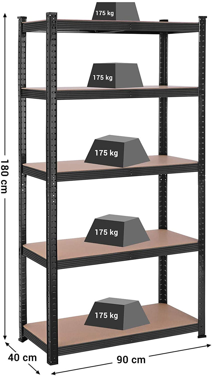 Robust reol, 180 x 90 x 40 cm, justerbare hylder, forstærket stålramme, sort og naturfarvet