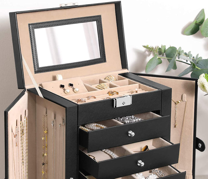Smykkeskrin med 5 skuffer, spejl og lås, 26 x 15,5 x 32 cm, Sort