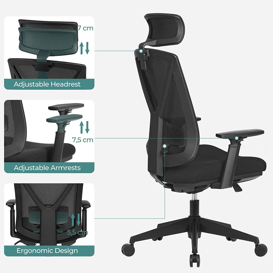 Kontorstol med fodstøtte og nakkestøtte, sort