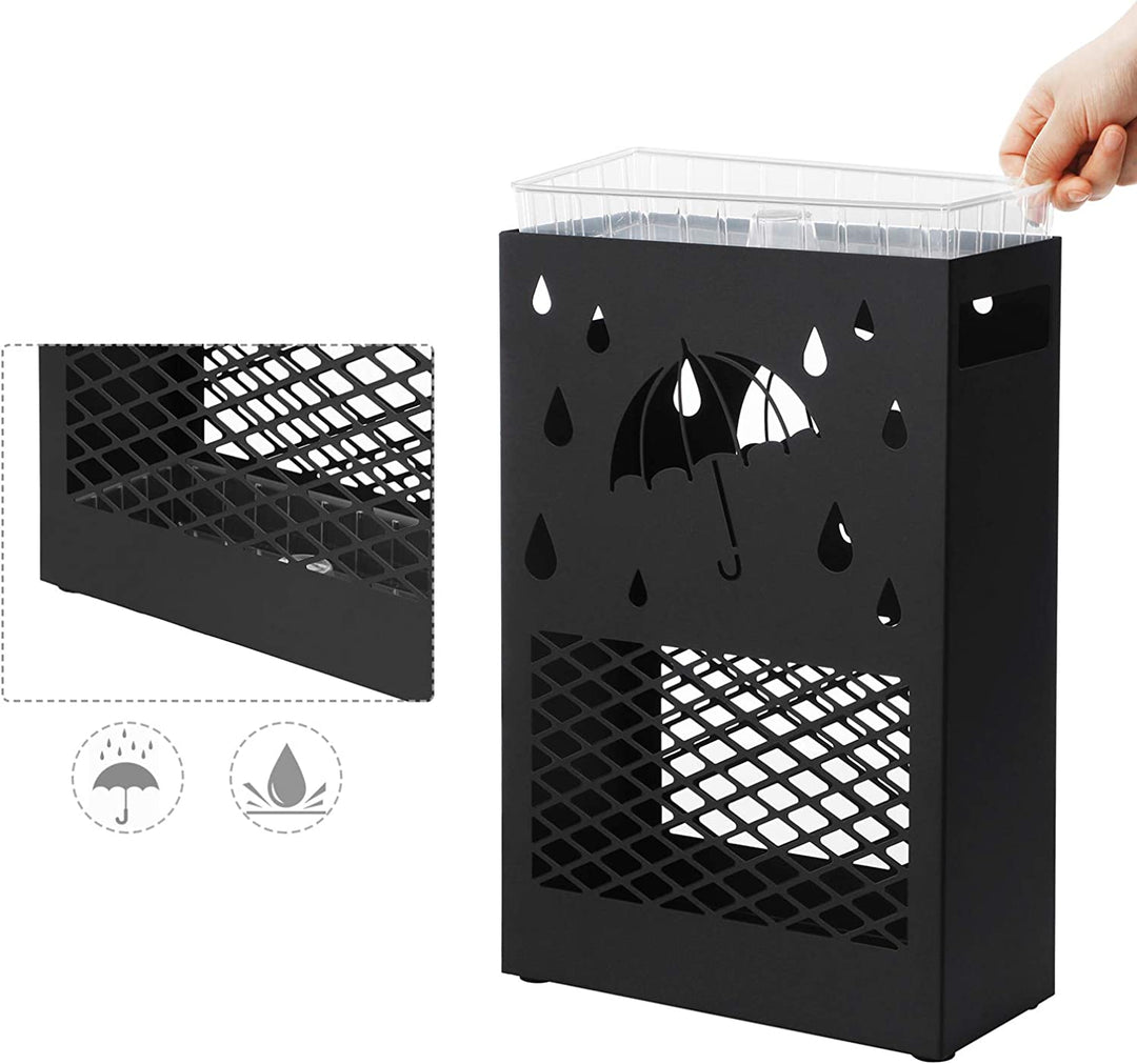 Rektangulært paraplystativ i metal med aftagelig vanddrypbakke, 4 kroge