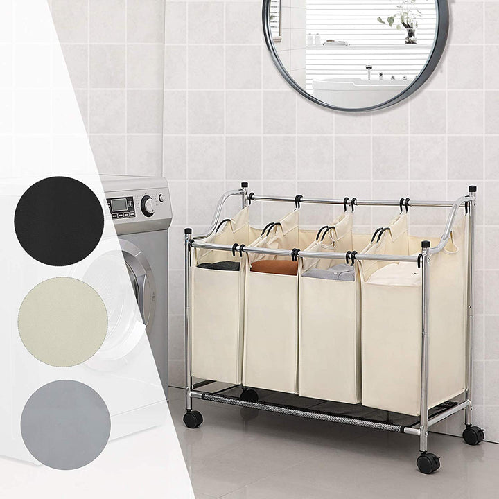 Vasketøjskurv med 4-rum til nem sortering - med aftagelige poser og hjul, i smuk nordisk beige - Lammeuld.dk