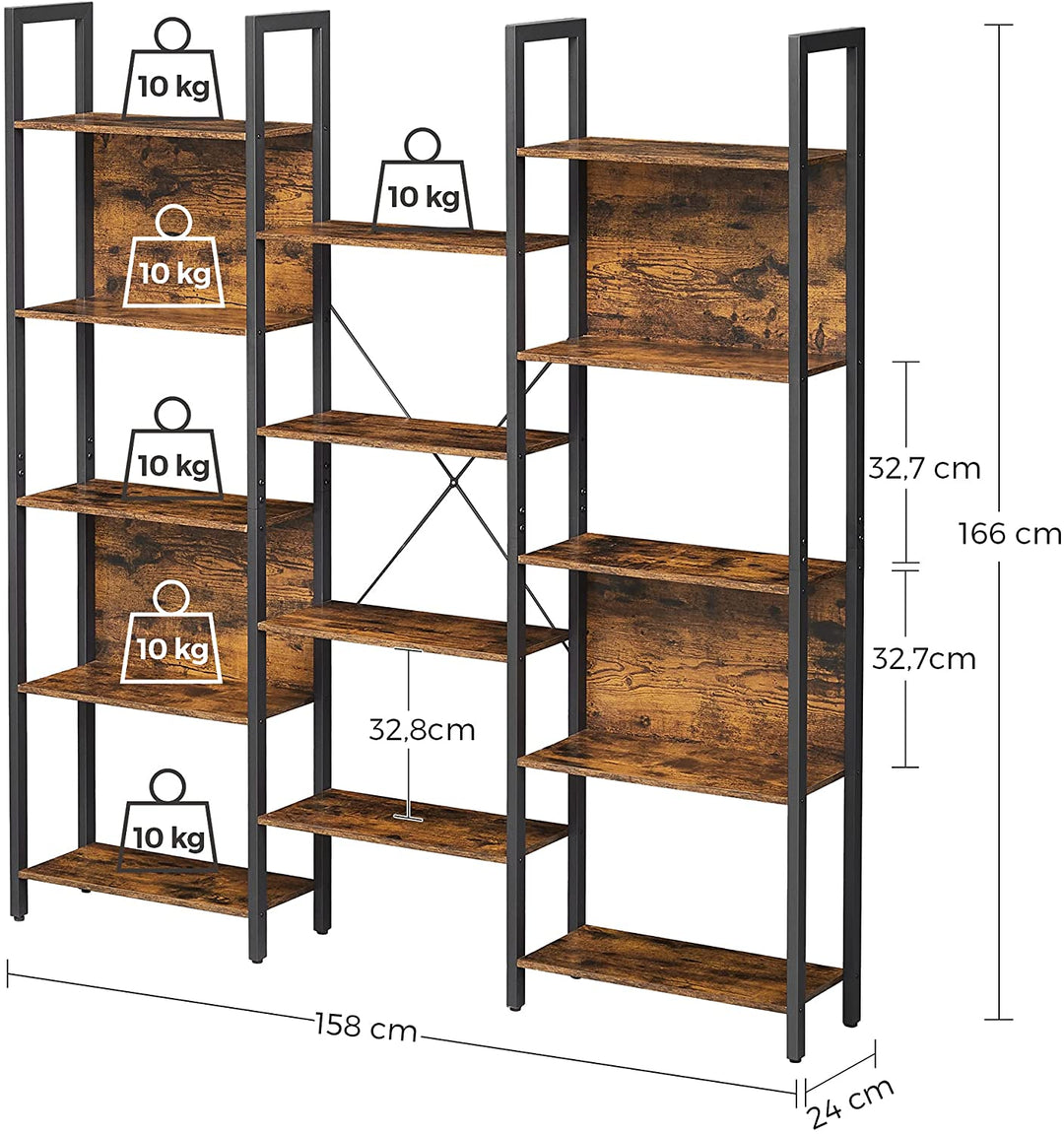 Stor reol med forskudte hylder, 158 x 24 x 166 cm, brun og sort