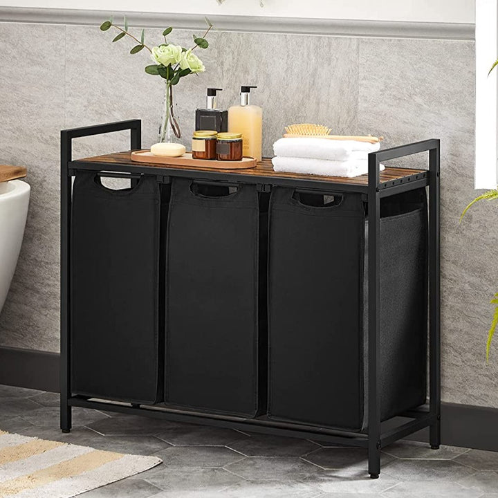 Vasketøjskurv med 3 rum, 92,5x33x71 cm, brun og sort