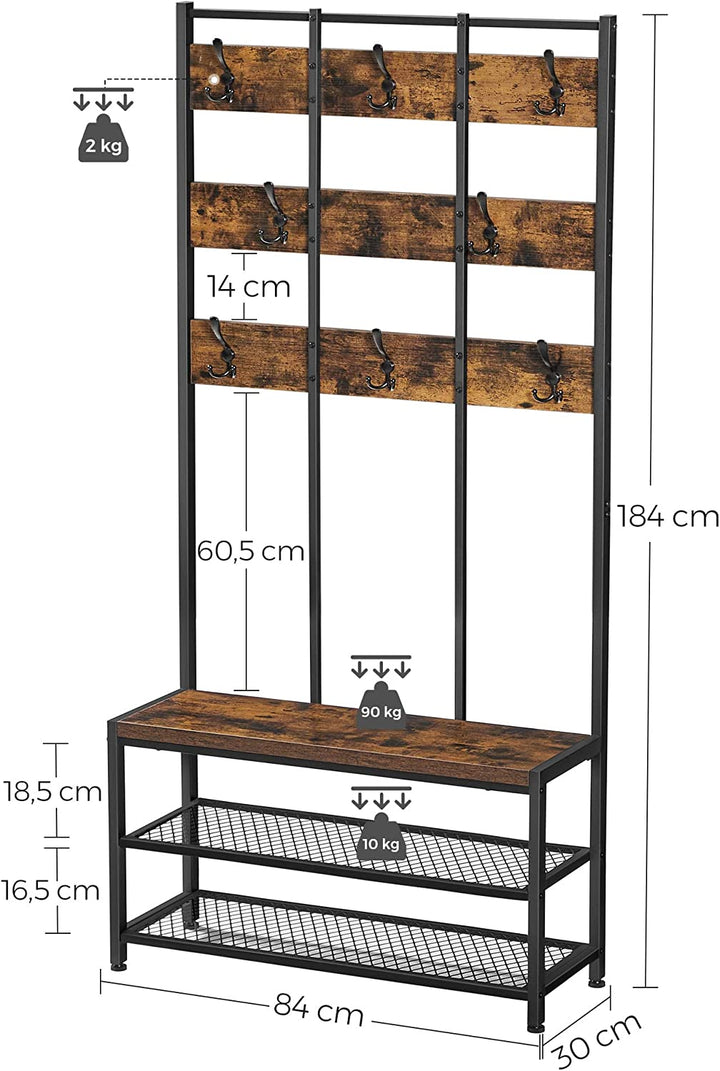 Garderobestativ med 8 knager og skoreol, 84 x 30 x 184 cm, brun