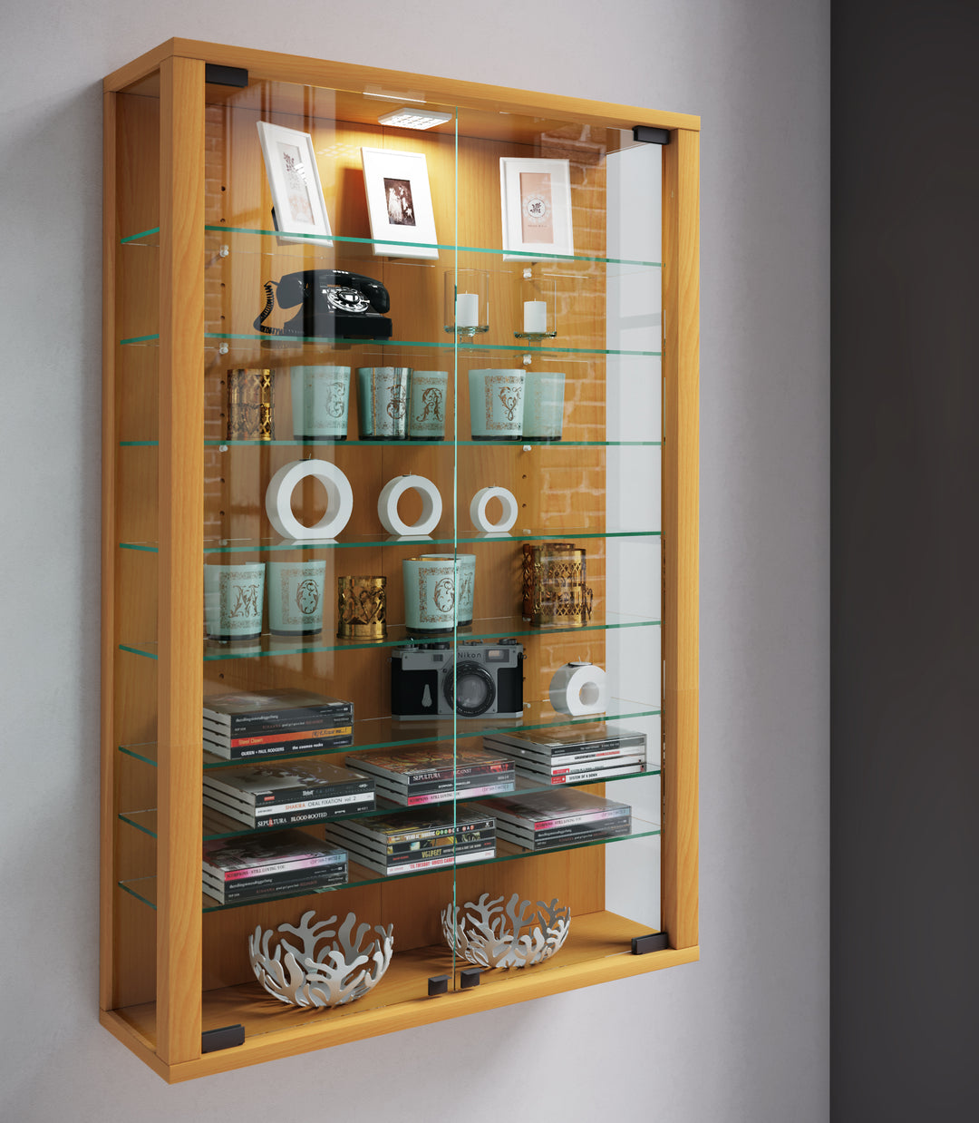 Vægvitrineskab med 8 hylder/Uden LED belysning, naturfarvet bøg