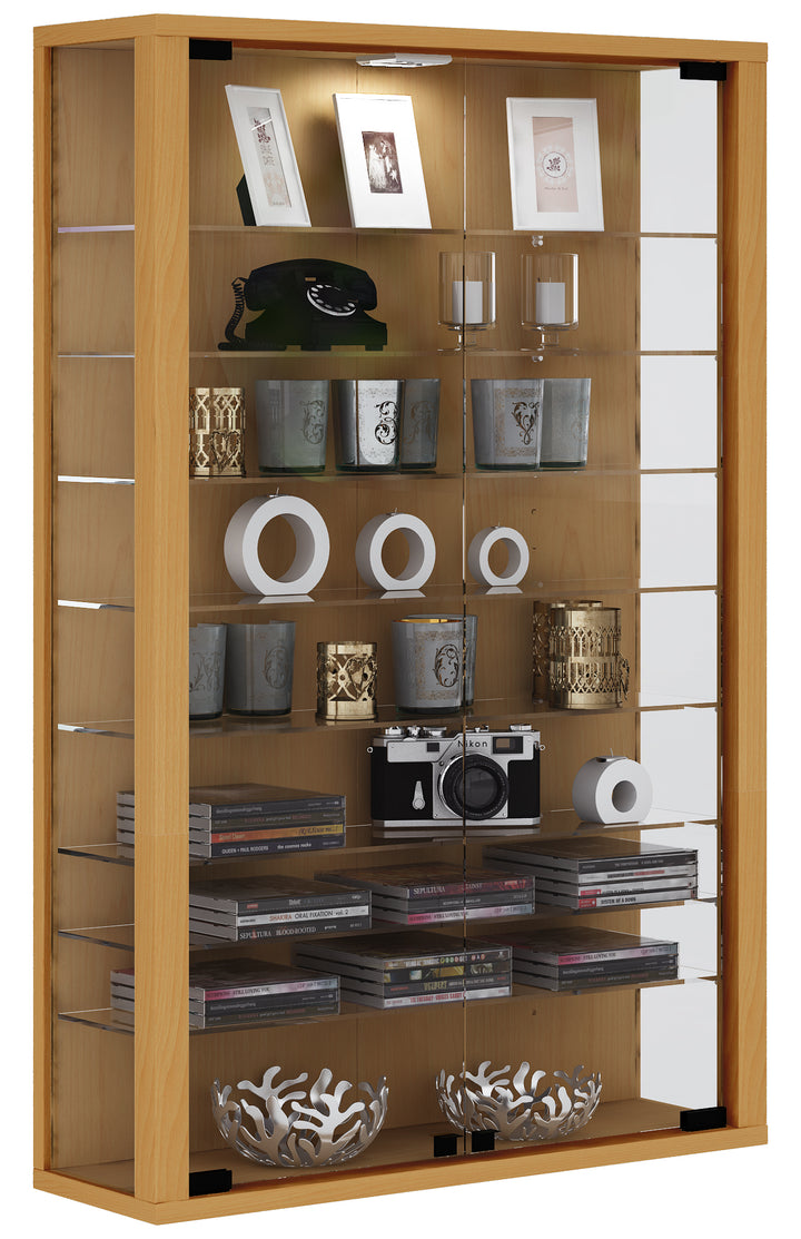 Vægvitrineskab med 8 hylder/Uden LED belysning, naturfarvet bøg
