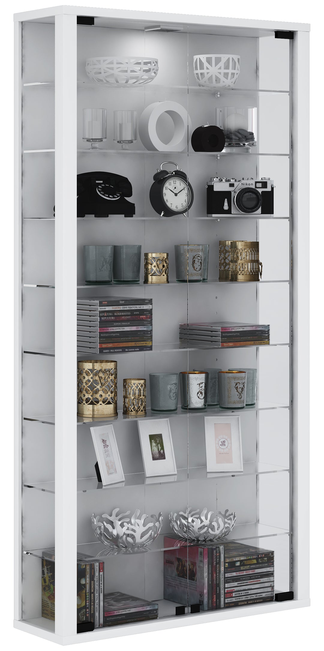 Vægvitrineskab med 8 hylder/Uden LED belysning, hvid