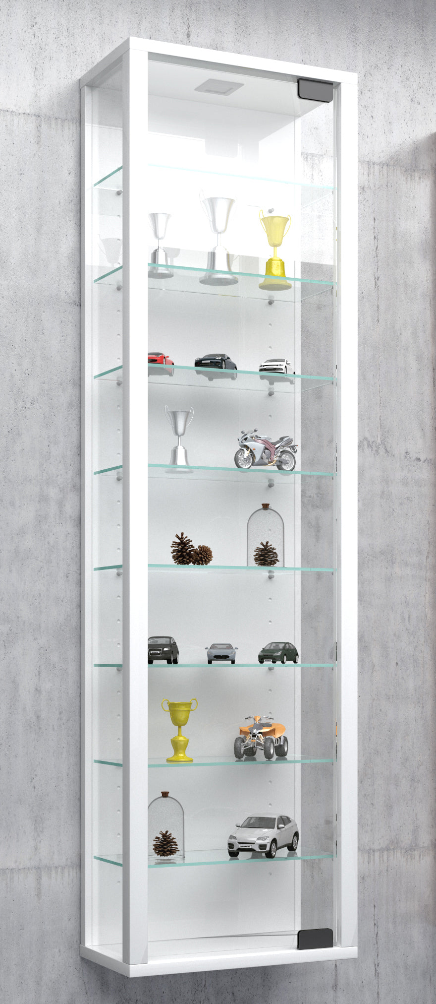 Vægvitrineskab med 8 hylder, 113 x 33 x 18 cm, hvid