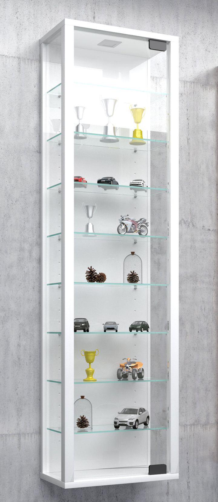 Vægvitrineskab med 8 hylder, 113 x 33 x 18 cm, hvid