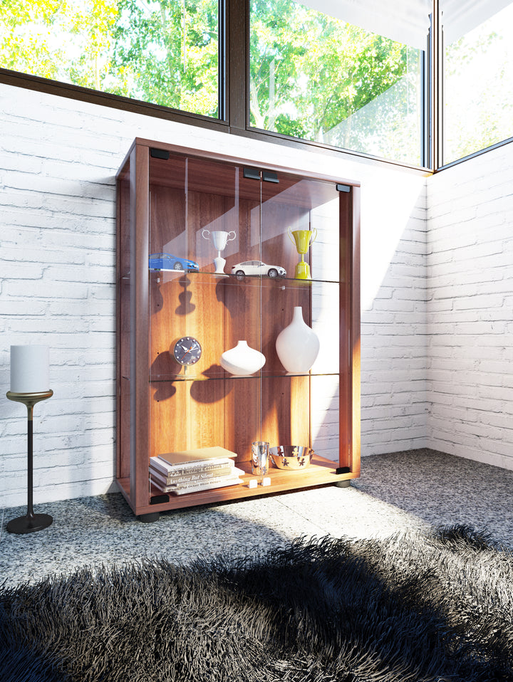 Gulv Vitrineskab "Sintalo" - Inkl. Led Lys, 80 x 60 x 25 cm, farve: valnød brun
